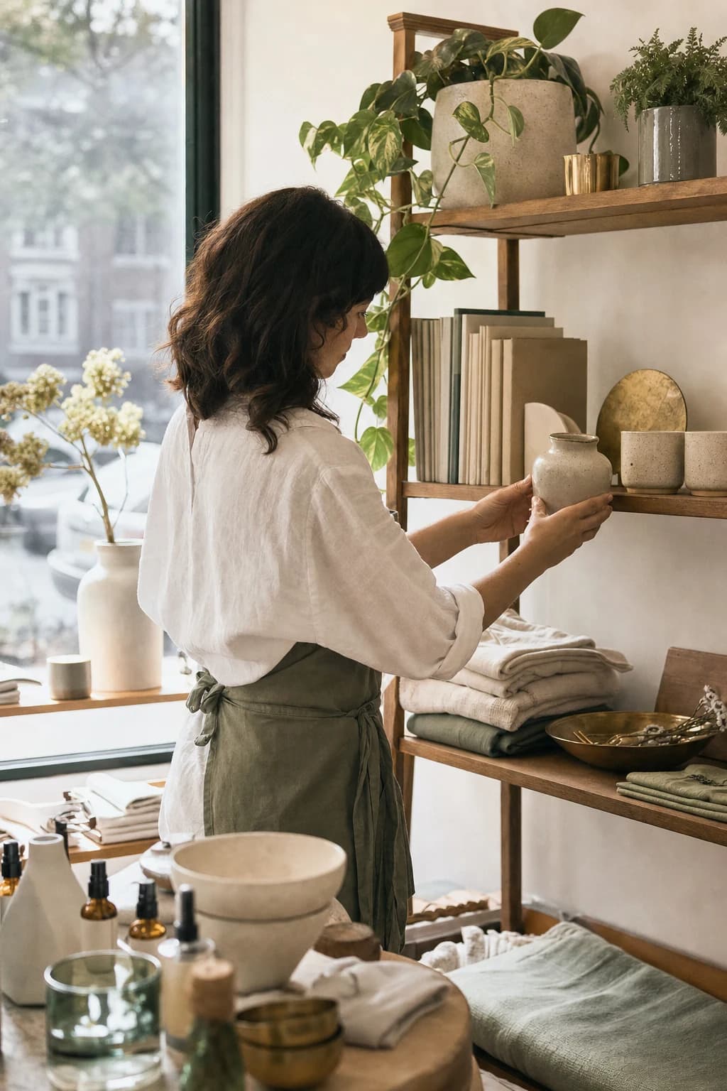 A store owner arranging a ceramic display in a calm neighborhood shop.