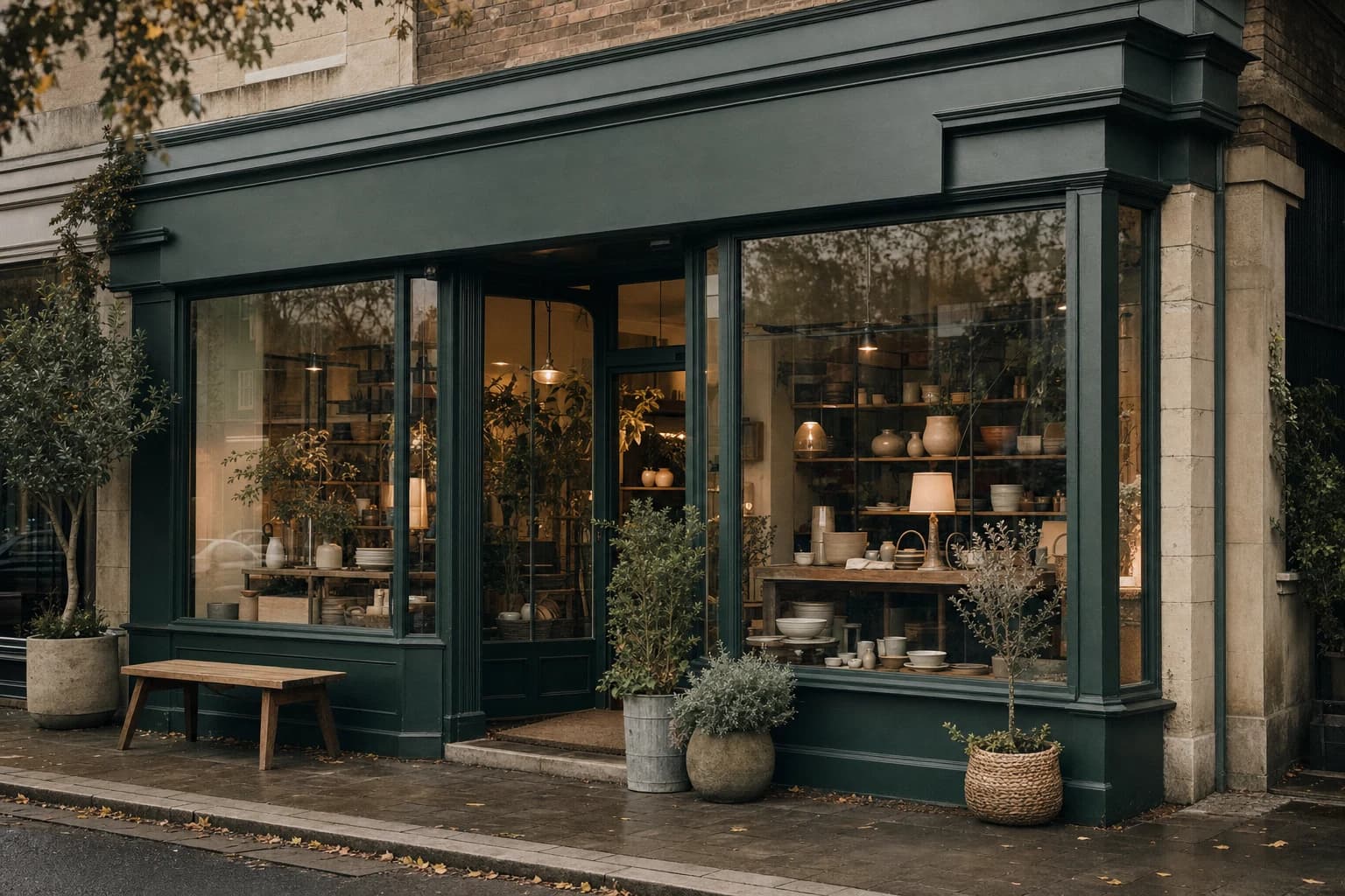 A small neighborhood shop with a deep green storefront and warm shelves inside.